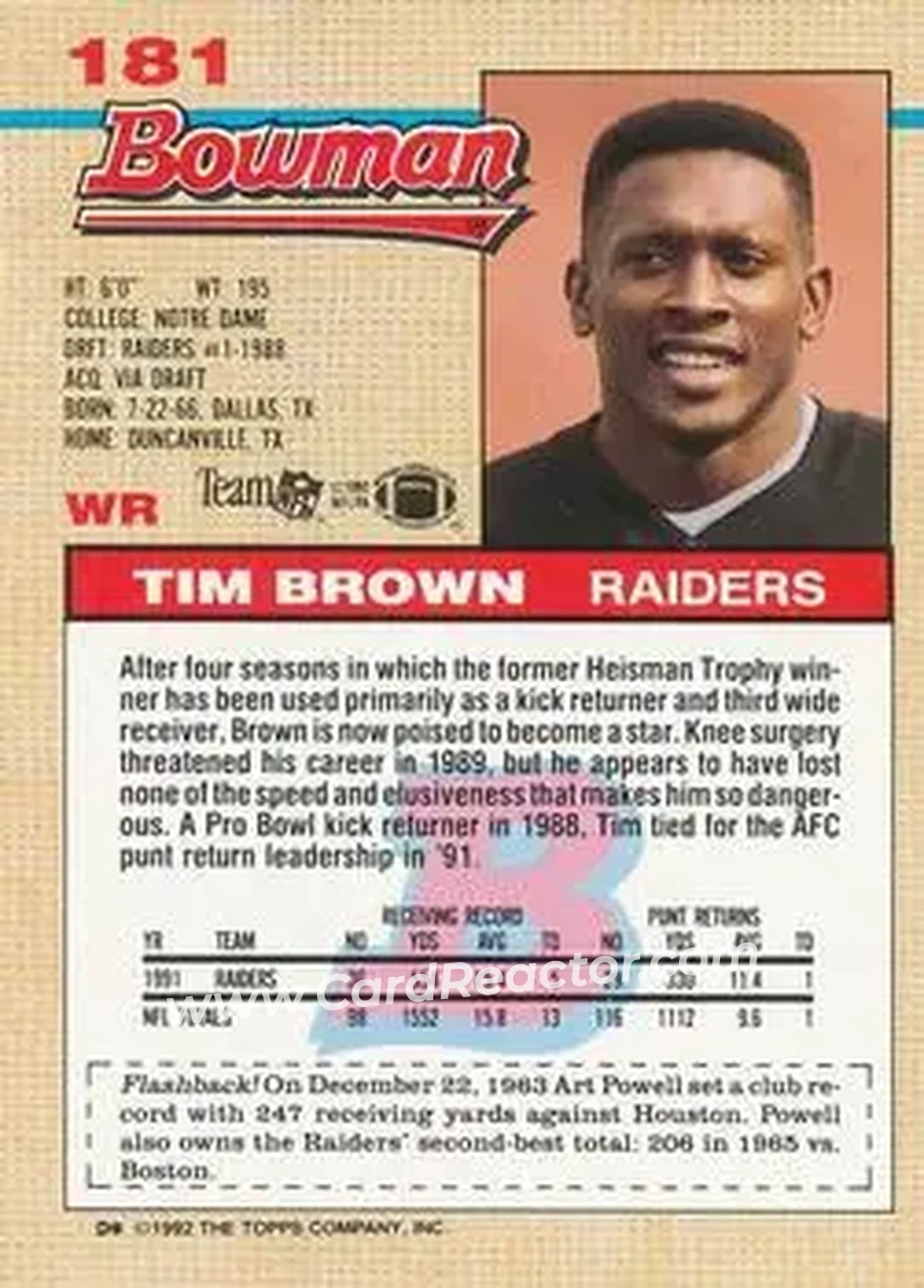 1992 Bowman #181 - Tim Brown - Los Angeles Raiders - Back