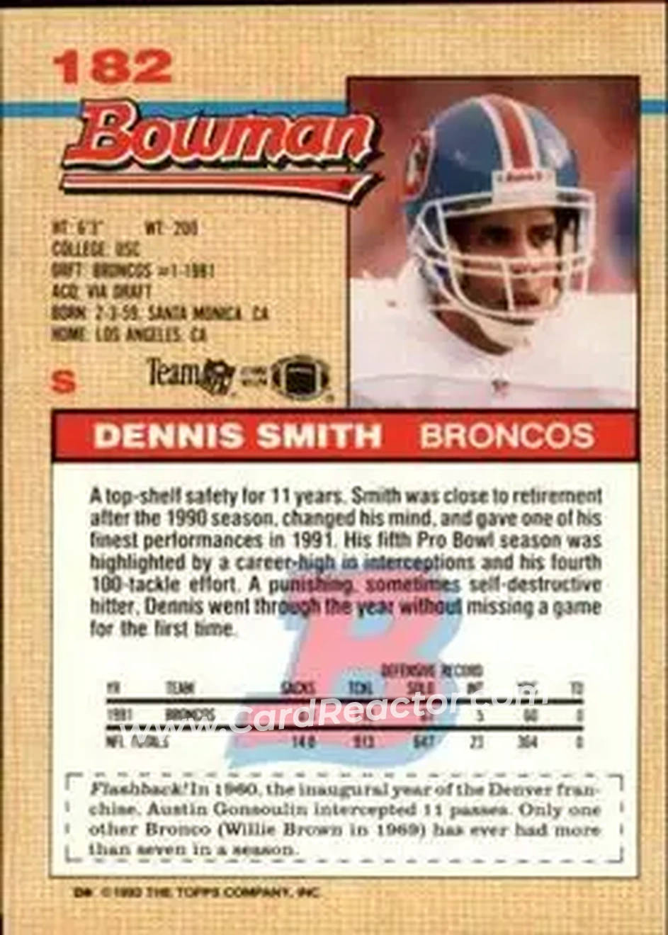 1992 Bowman #182 - Dennis Smith - Denver Broncos - Back