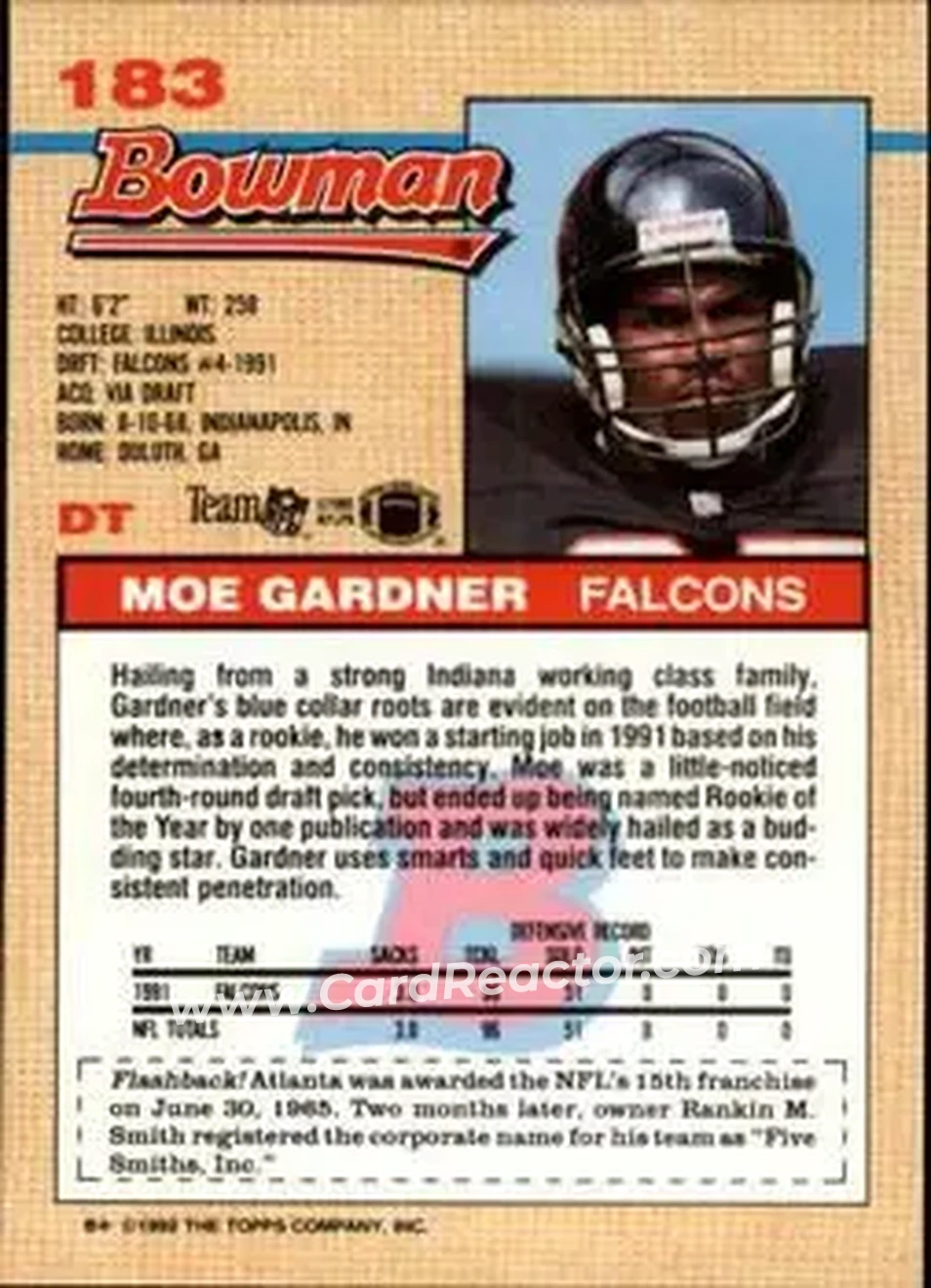 1992 Bowman #183 - Moe Gardner - Atlanta Falcons - Back