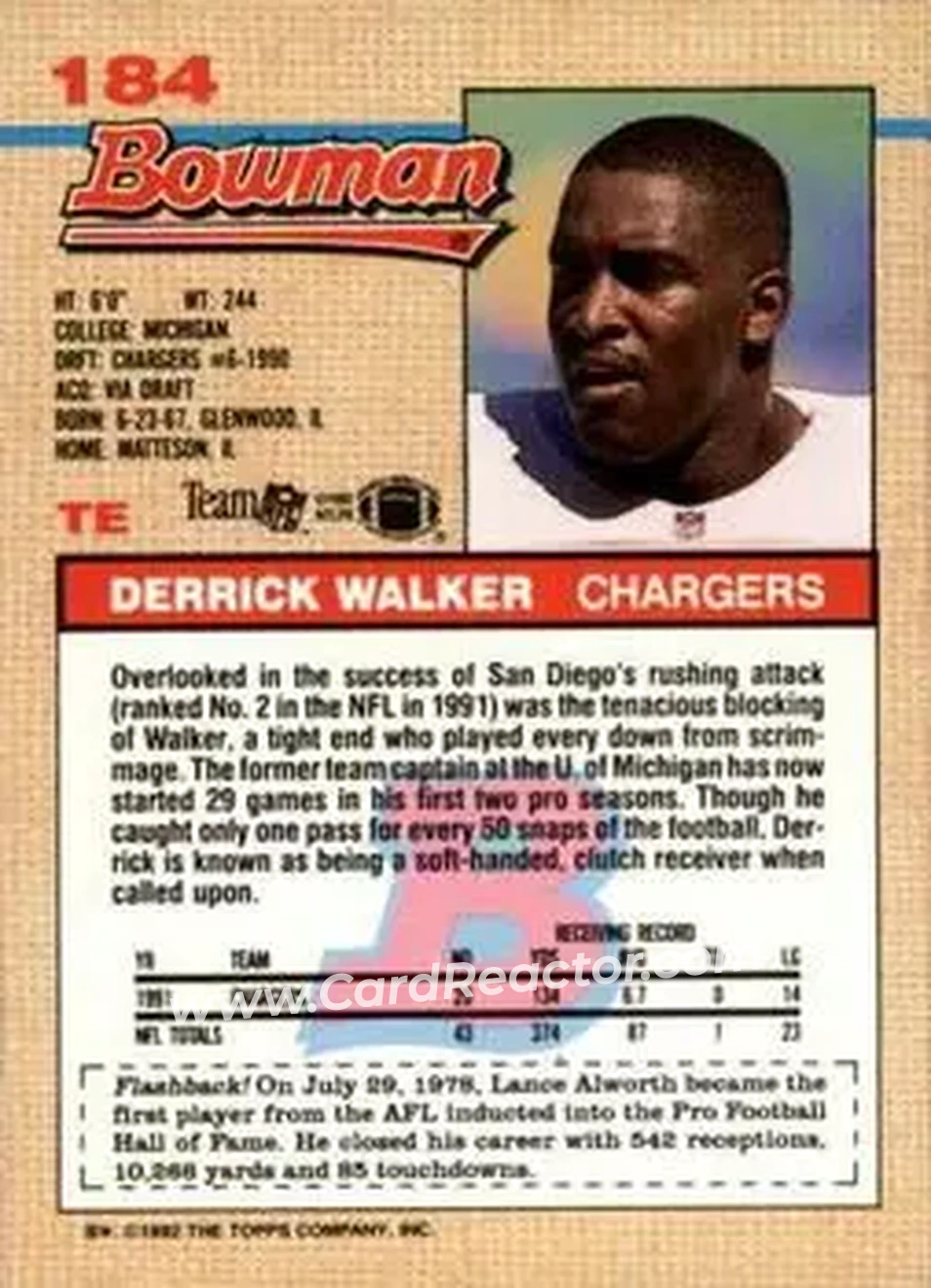 1992 Bowman #184 - Derrick Walker - San Diego Chargers - Back