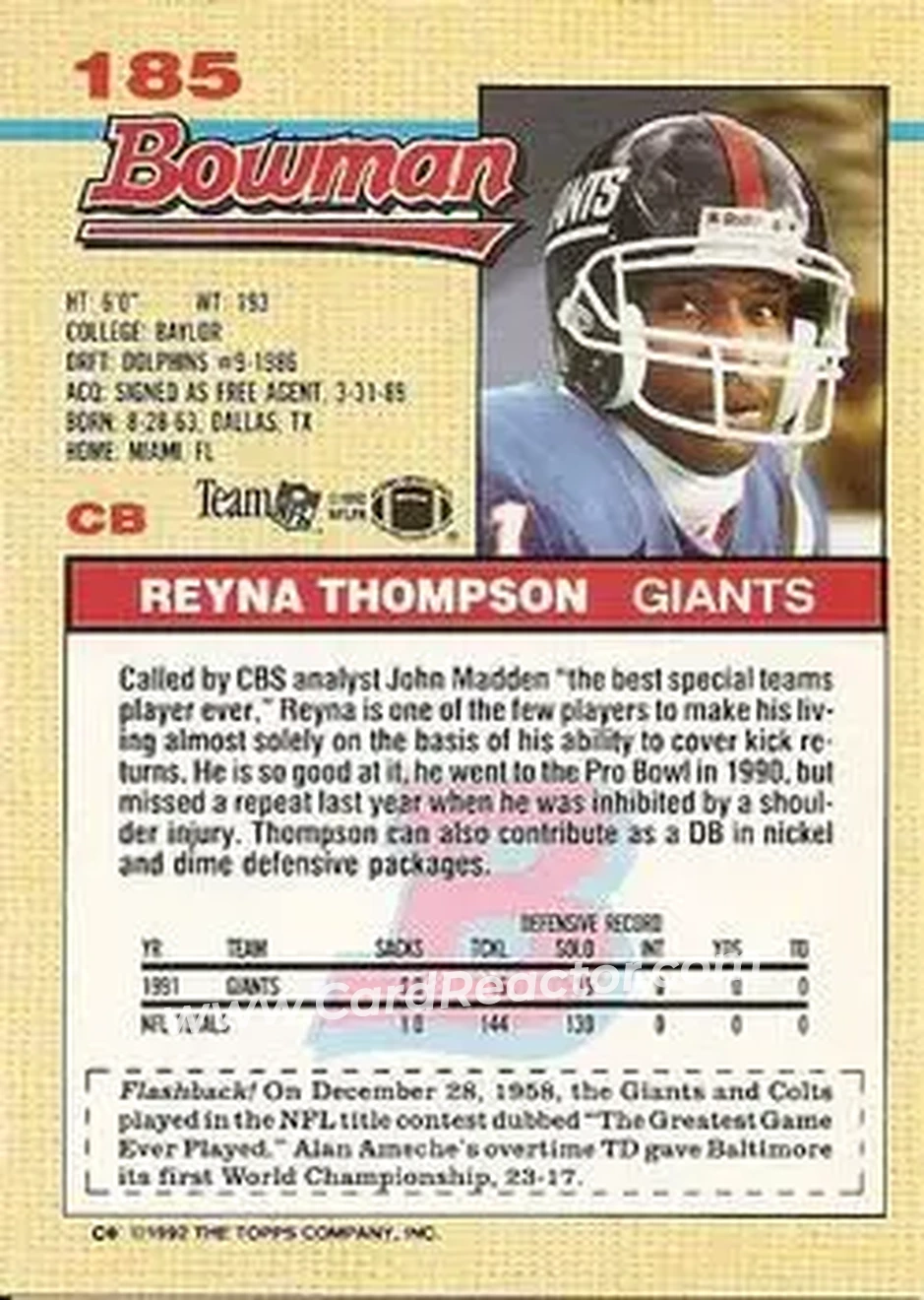 1992 Bowman #185 - Reyna Thompson - New York Giants - Back