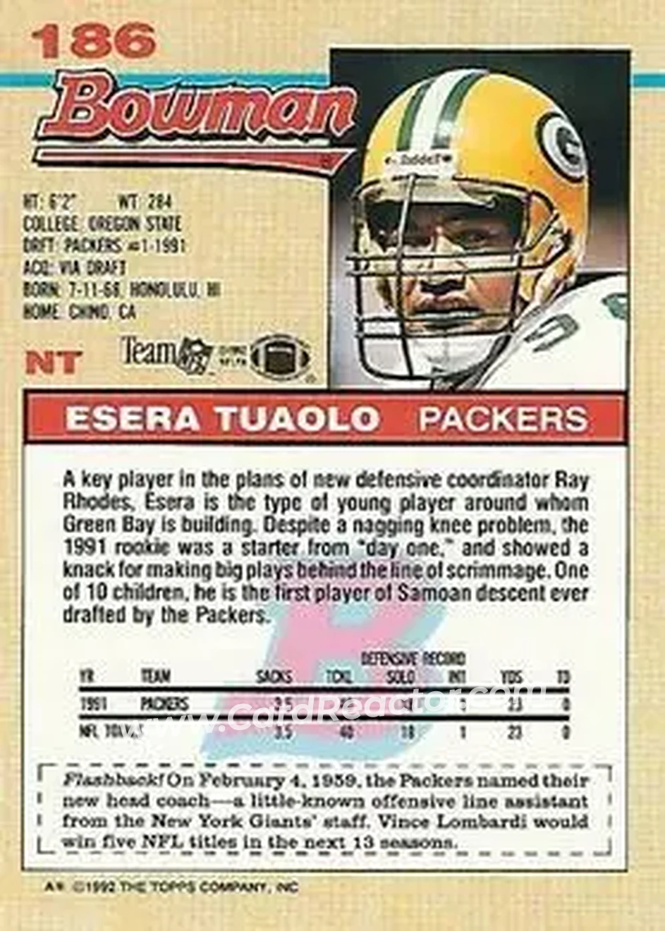 1992 Bowman #186 - Esera Tuaolo - Green Bay Packers - Back 1992 Bowman #186 - Esera Tuaolo - Green Bay Packers - Back