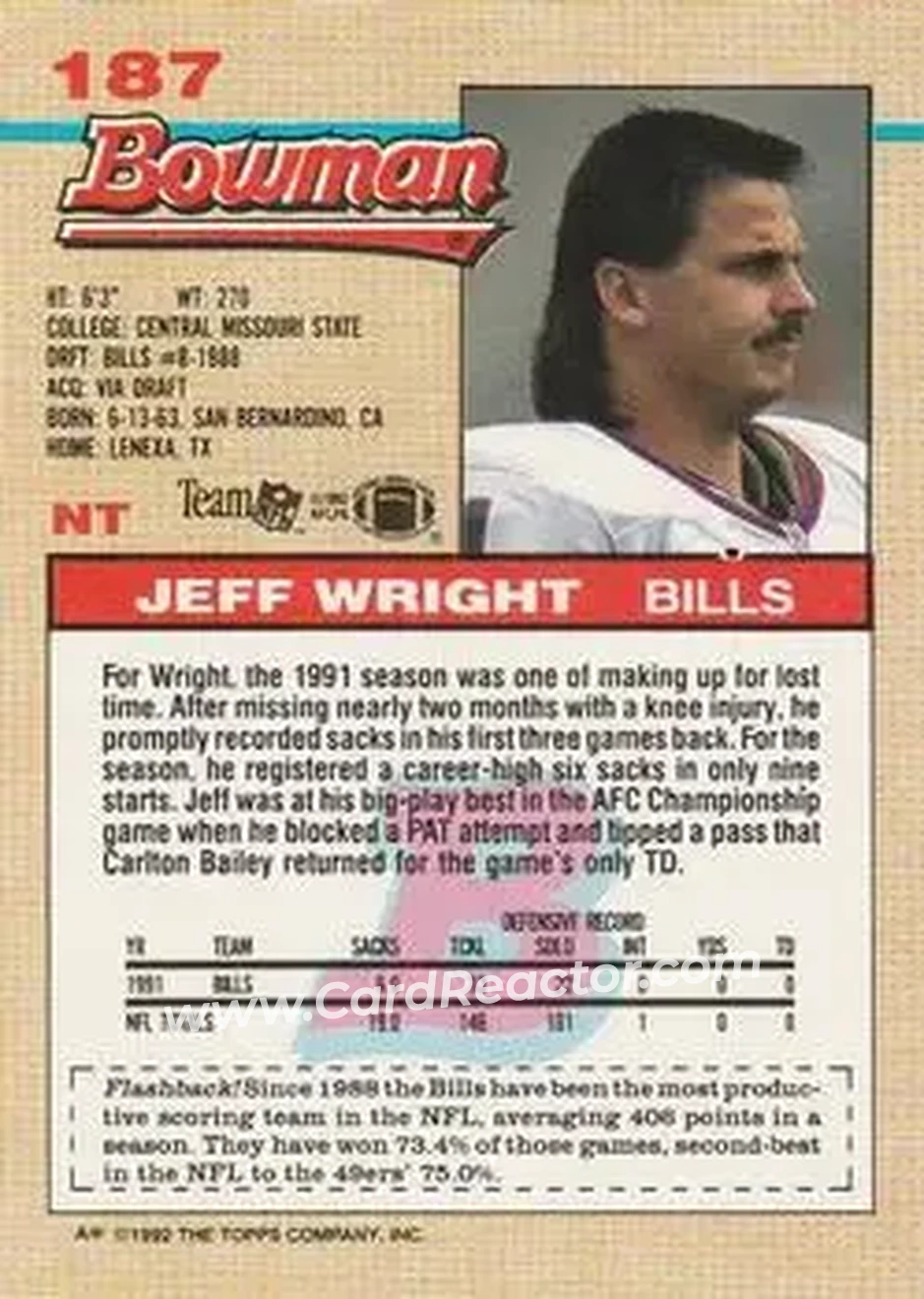 1992 Bowman #187 - Jeff Wright - Buffalo Bills - Back
