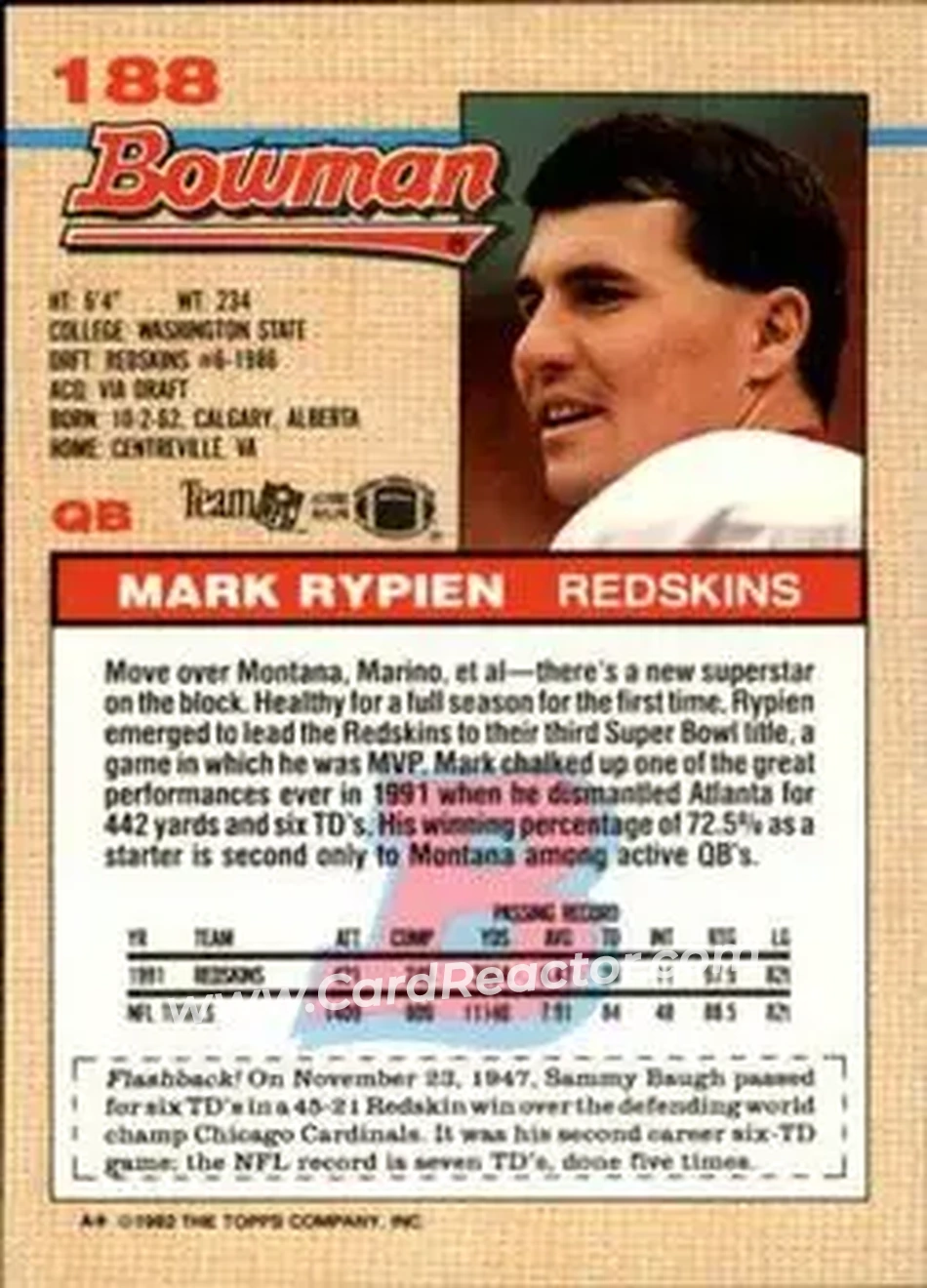1992 Bowman #188 - Mark Rypien - Washington Redskins - Back 1992 Bowman #188 - Mark Rypien - Washington Redskins - Back