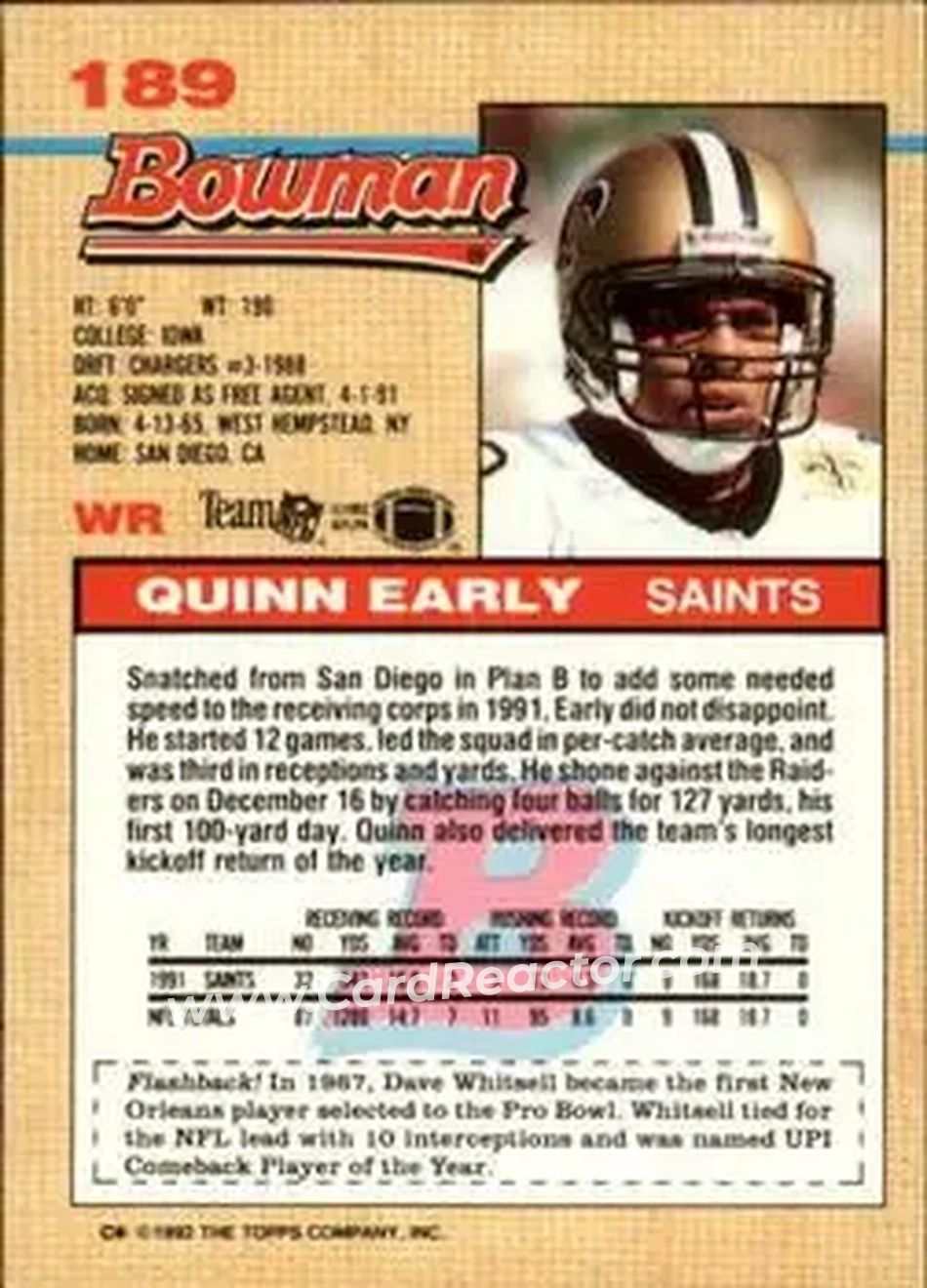 1992 Bowman #189 - Quinn Early - New Orleans Saints - Back