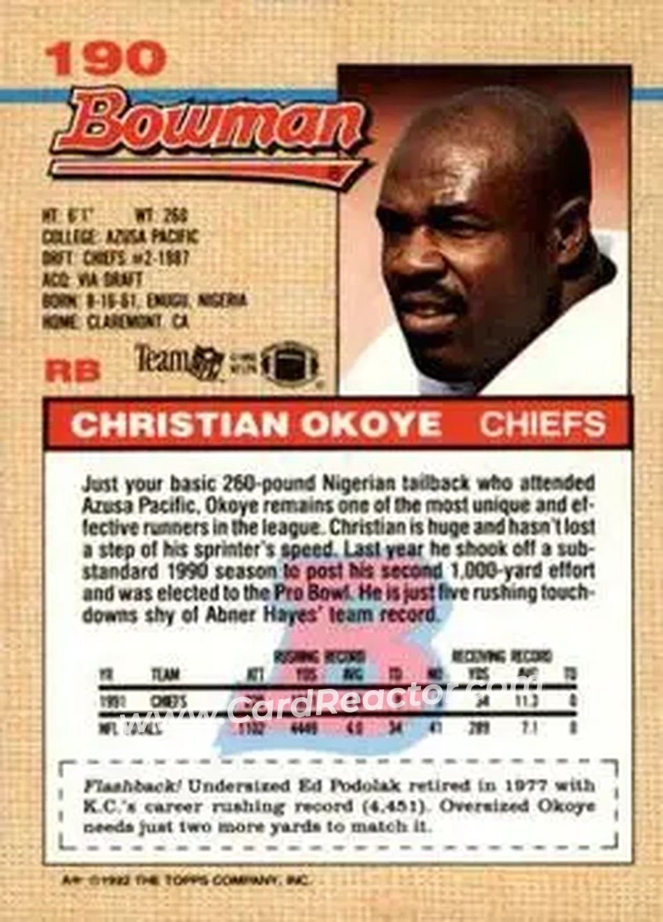 1992 Bowman #190 - Christian Okoye - Kansas City Chiefs - Back