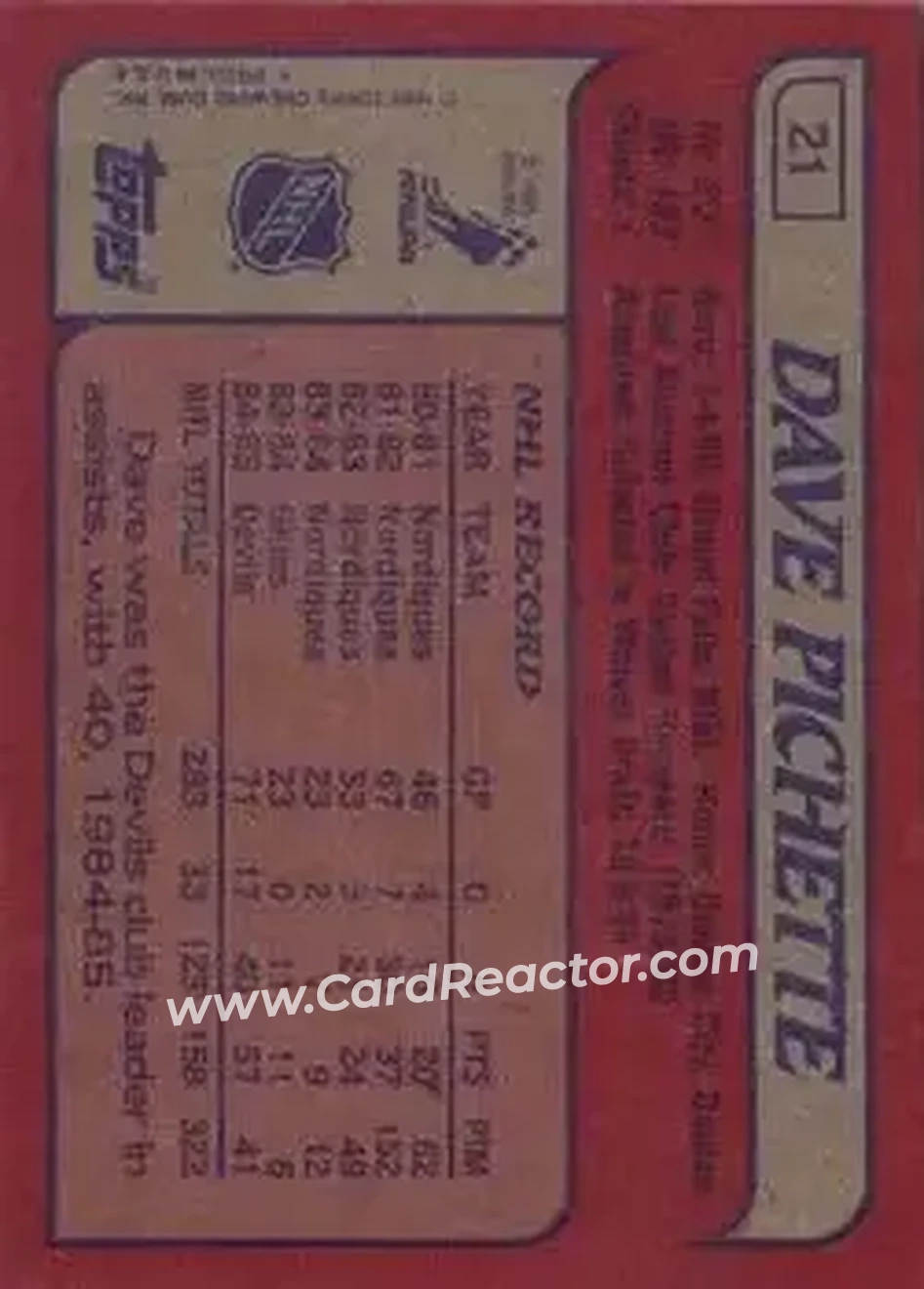 1985-86 Topps #21 - Dave Pichette - New Jersey Devils - Back