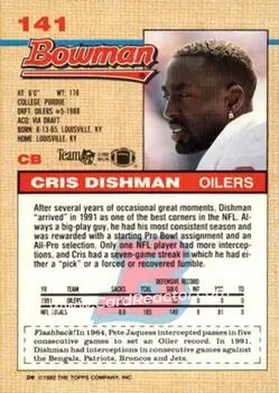 1992 Bowman #141 - Cris Dishman - Houston Oilers - Back