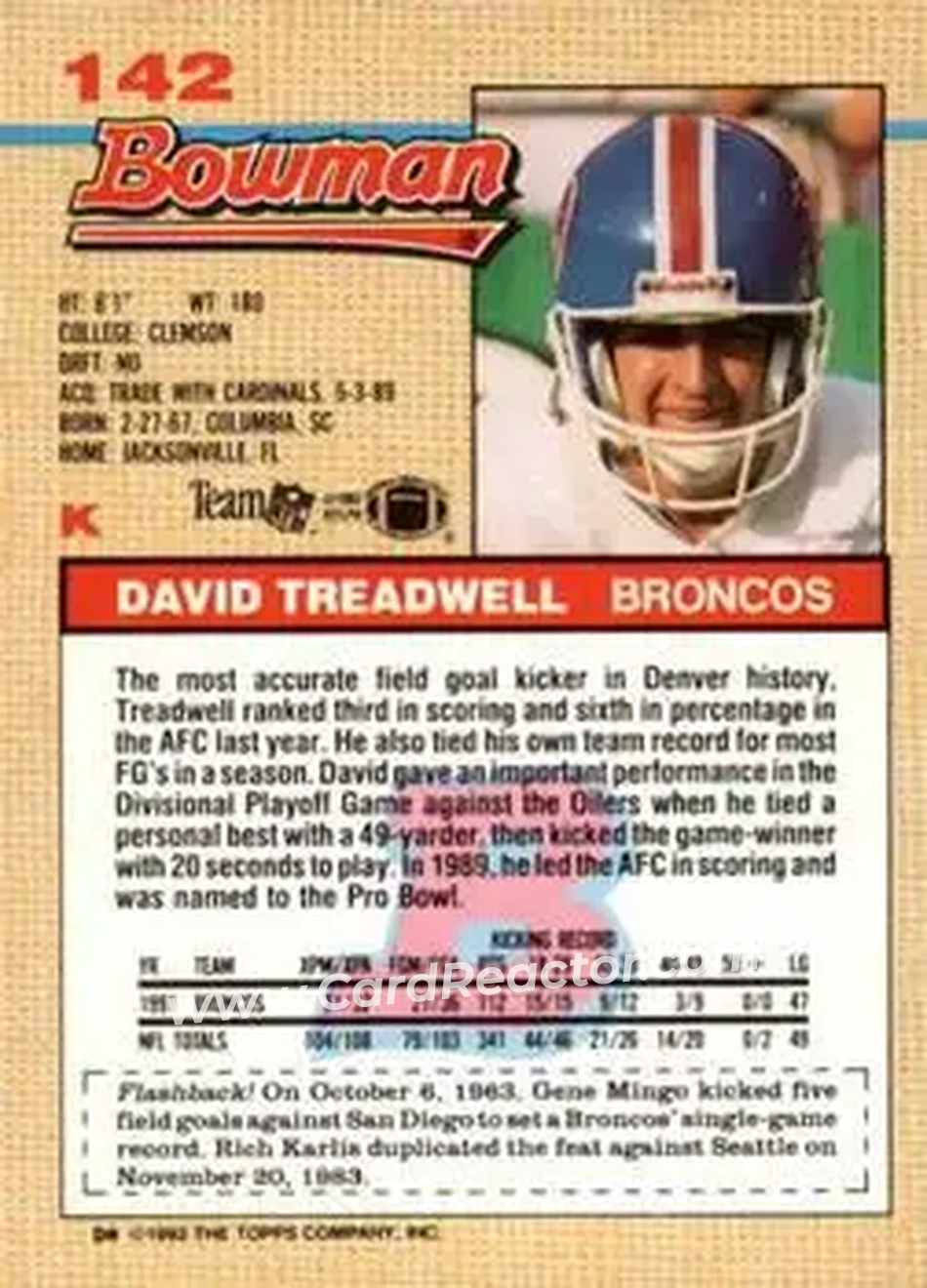 1992 Bowman #142 - David Treadwell - Denver Broncos - Back