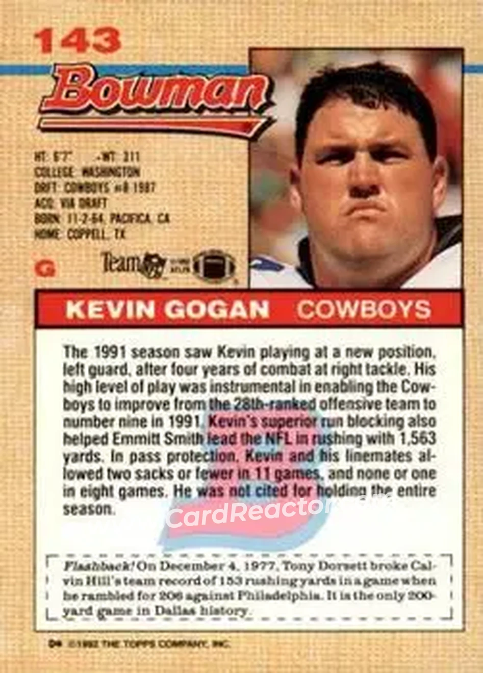1992 Bowman #143 - Kevin Gogan - Dallas Cowboys - Back
