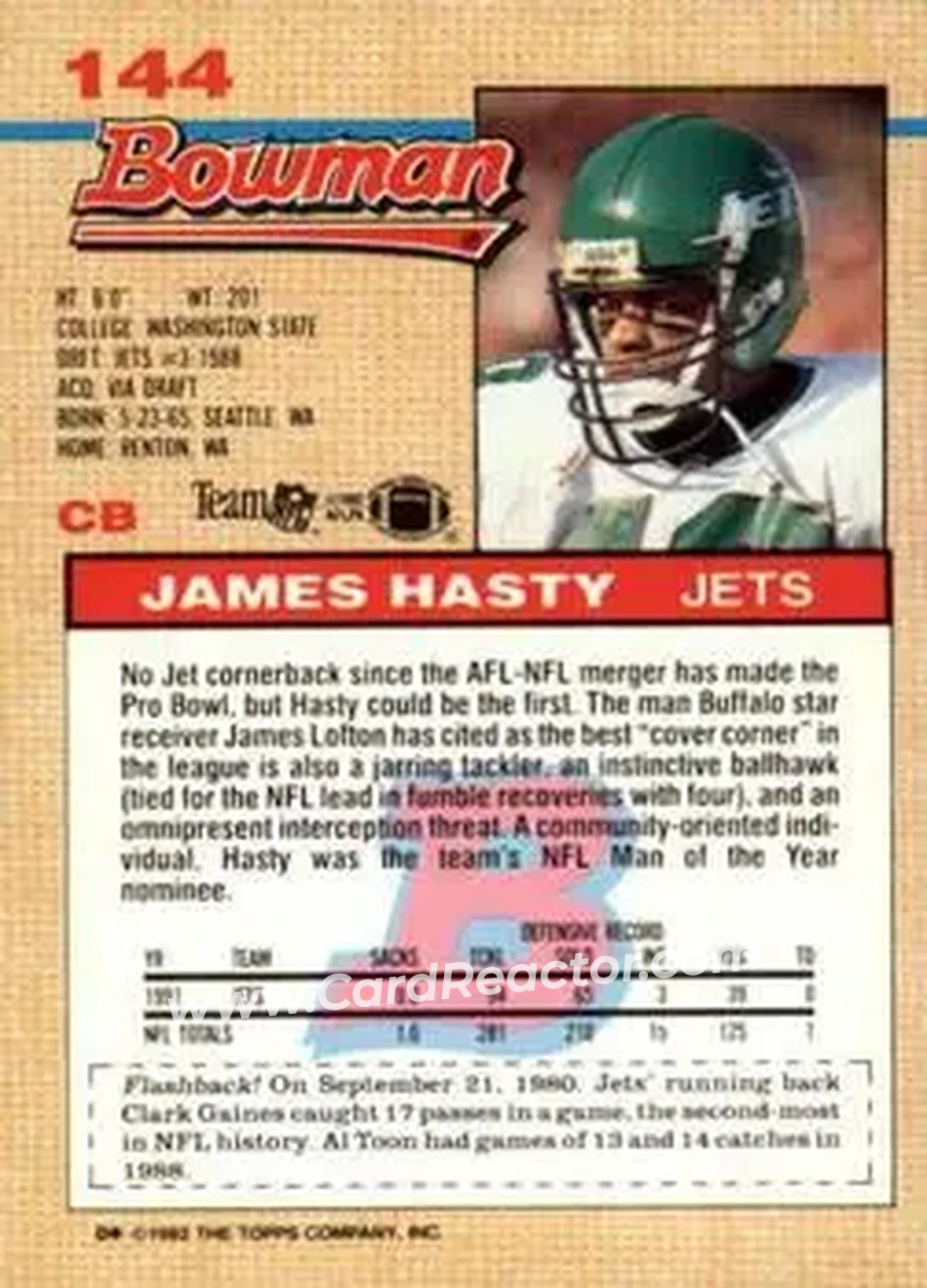 1992 Bowman #144 - James Hasty - New York Jets - Back