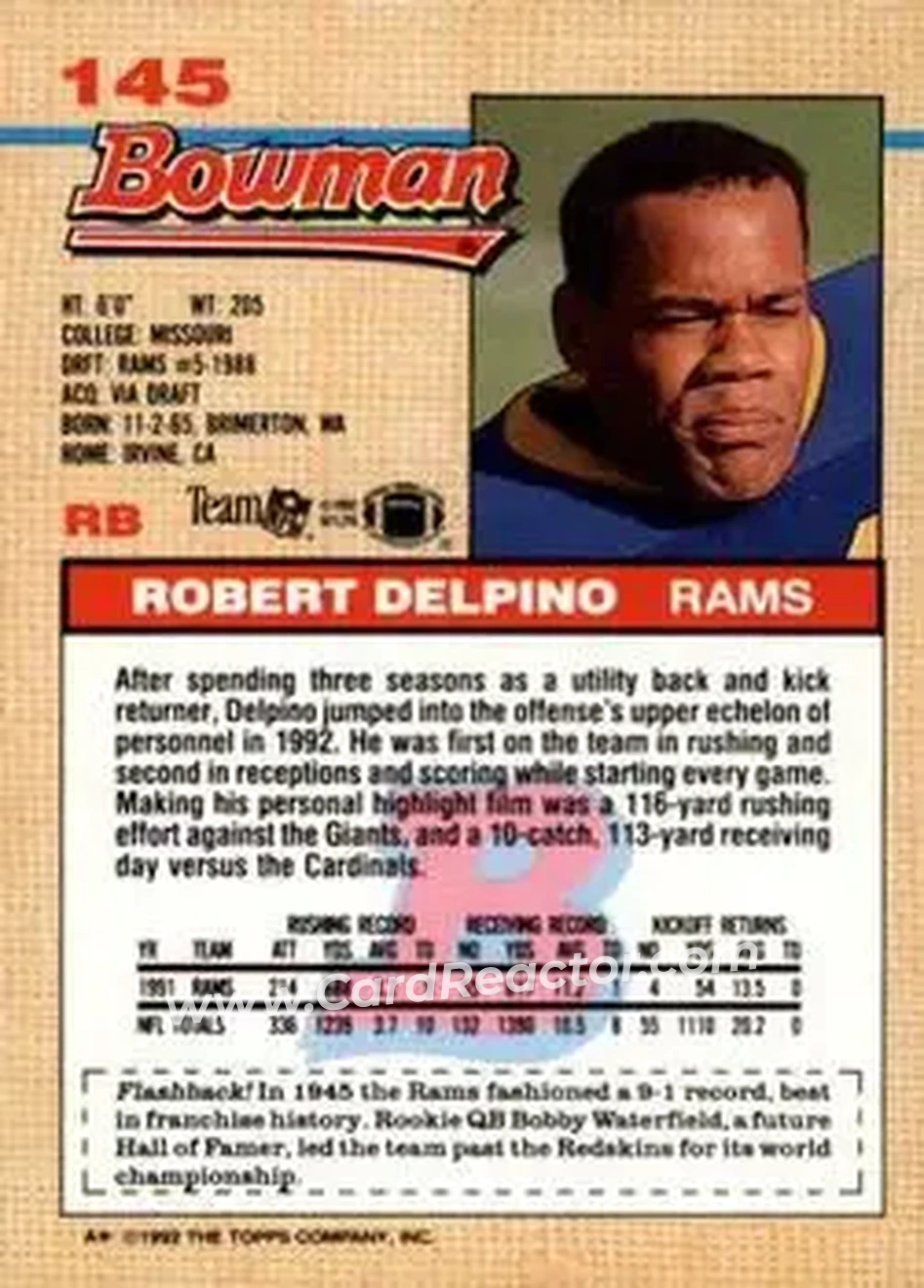 1992 Bowman #145 - Robert Delpino - Los Angeles Rams - Back