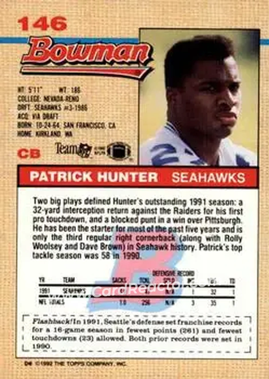 1992 Bowman #146 - Patrick Hunter - Seattle Seahawks - Back