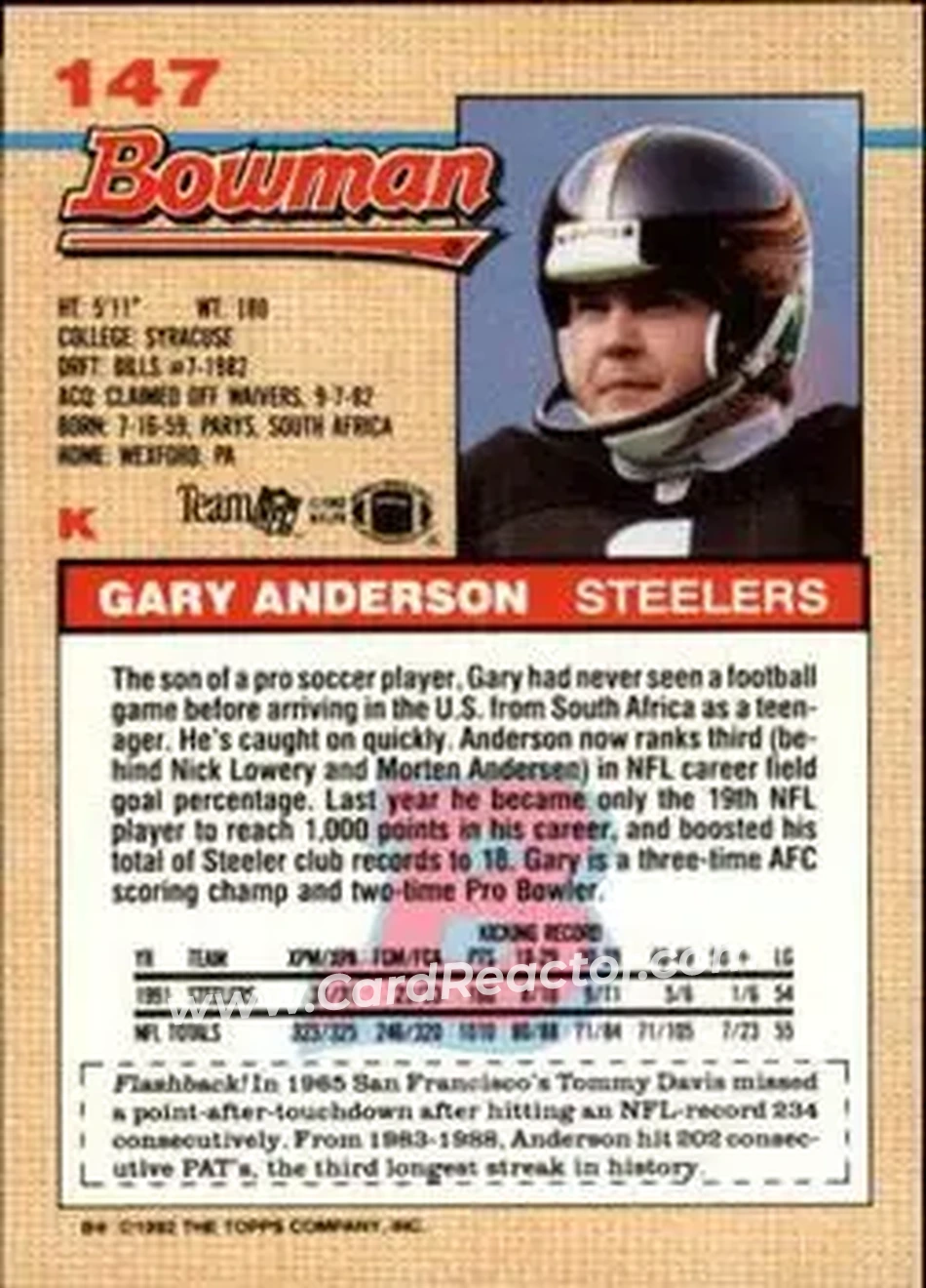 1992 Bowman #147 - Gary Anderson - Pittsburgh Steelers - Back