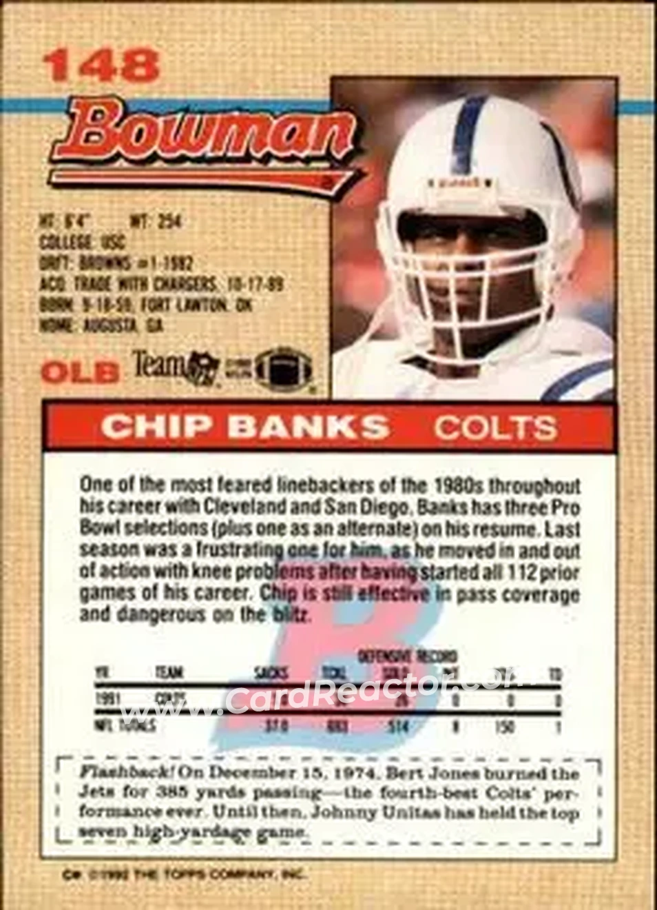 1992 Bowman #148 - Chip Banks - Indianapolis Colts - Back