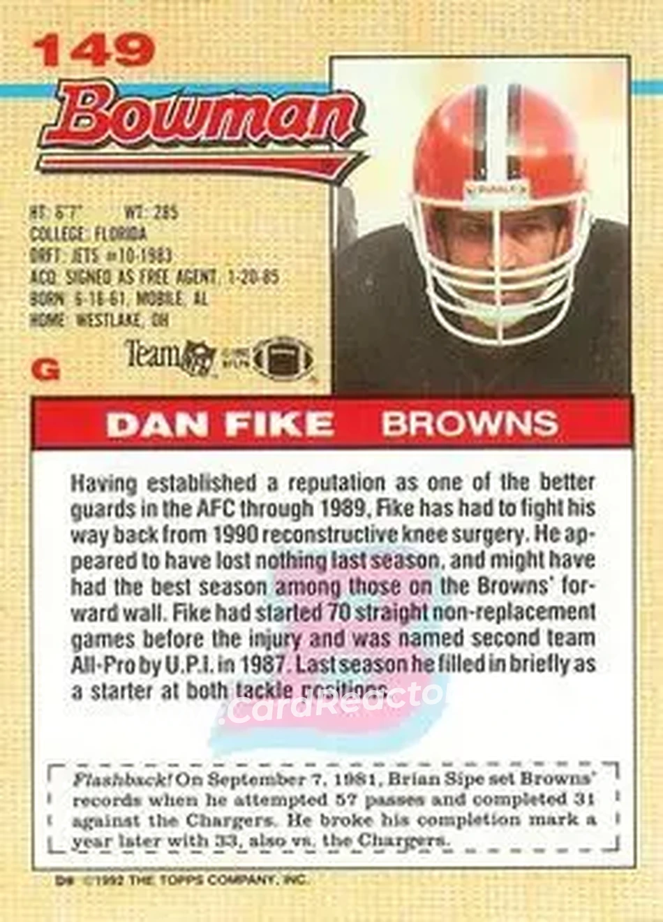 1992 Bowman #149 - Dan Fike - Cleveland Browns - Back