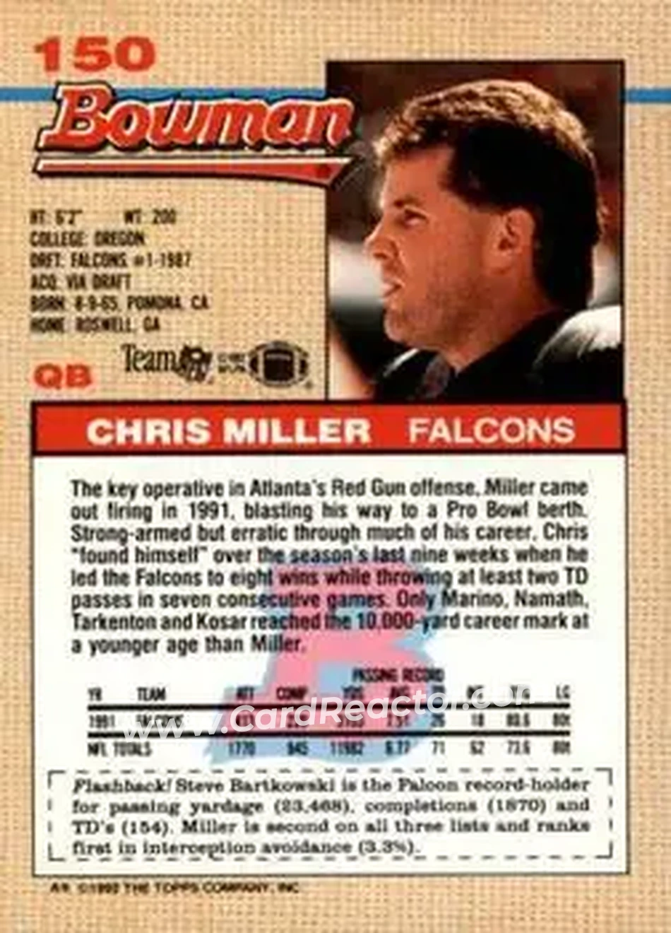 1992 Bowman #150 - Chris Miller - Atlanta Falcons - Back