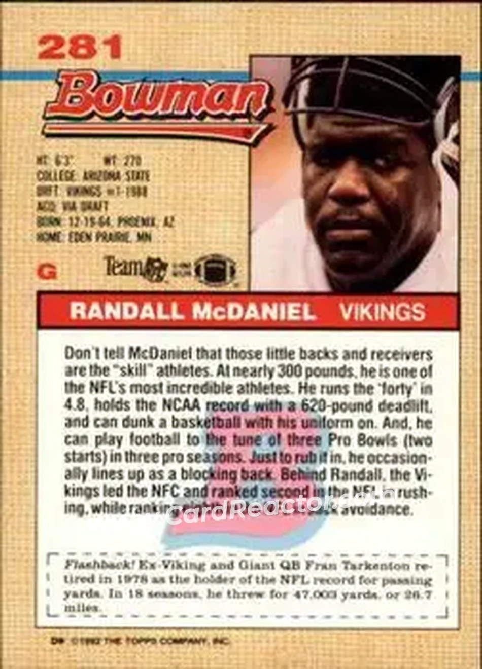 1992 Bowman #281 - Randall McDaniel - Minnesota Vikings - Back