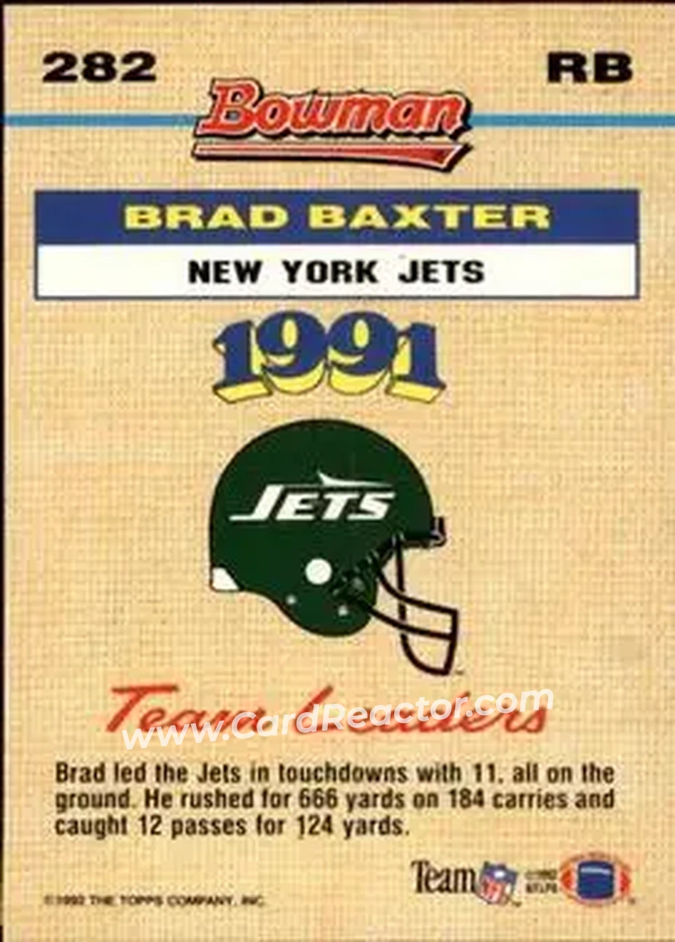 1992 Bowman #282 - Brad Baxter - New York Jets - Back