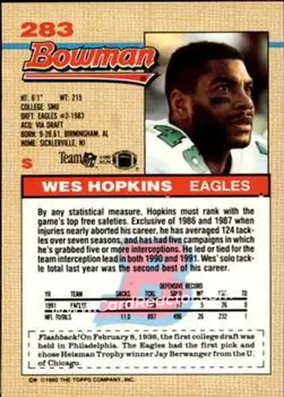 1992 Bowman #283 - Wes Hopkins - Philadelphia Eagles - Back 1992 Bowman #283 - Wes Hopkins - Philadelphia Eagles - Back
