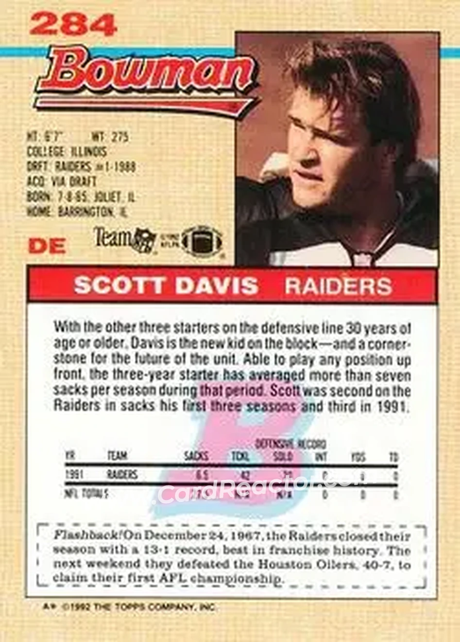 1992 Bowman #284 - Scott Davis - Los Angeles Raiders - Back