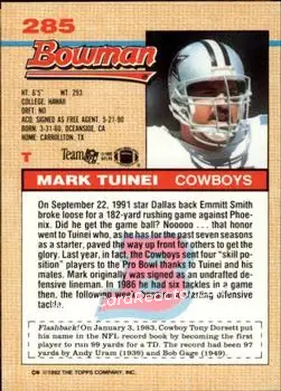 1992 Bowman #285 - Mark Tuinei - Dallas Cowboys - Back