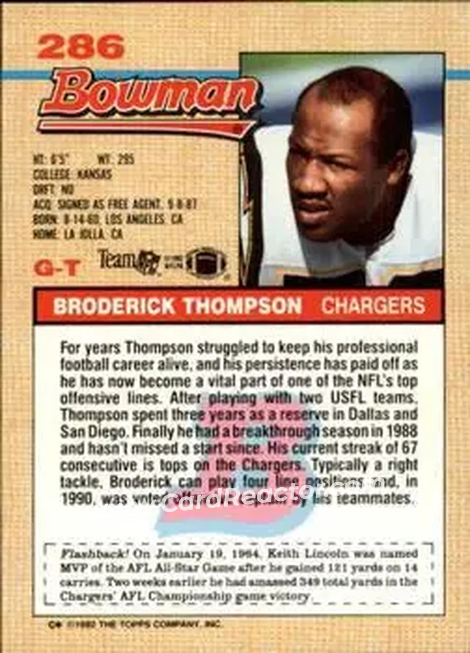 1992 Bowman #286 - Broderick Thompson - San Diego Chargers - Back