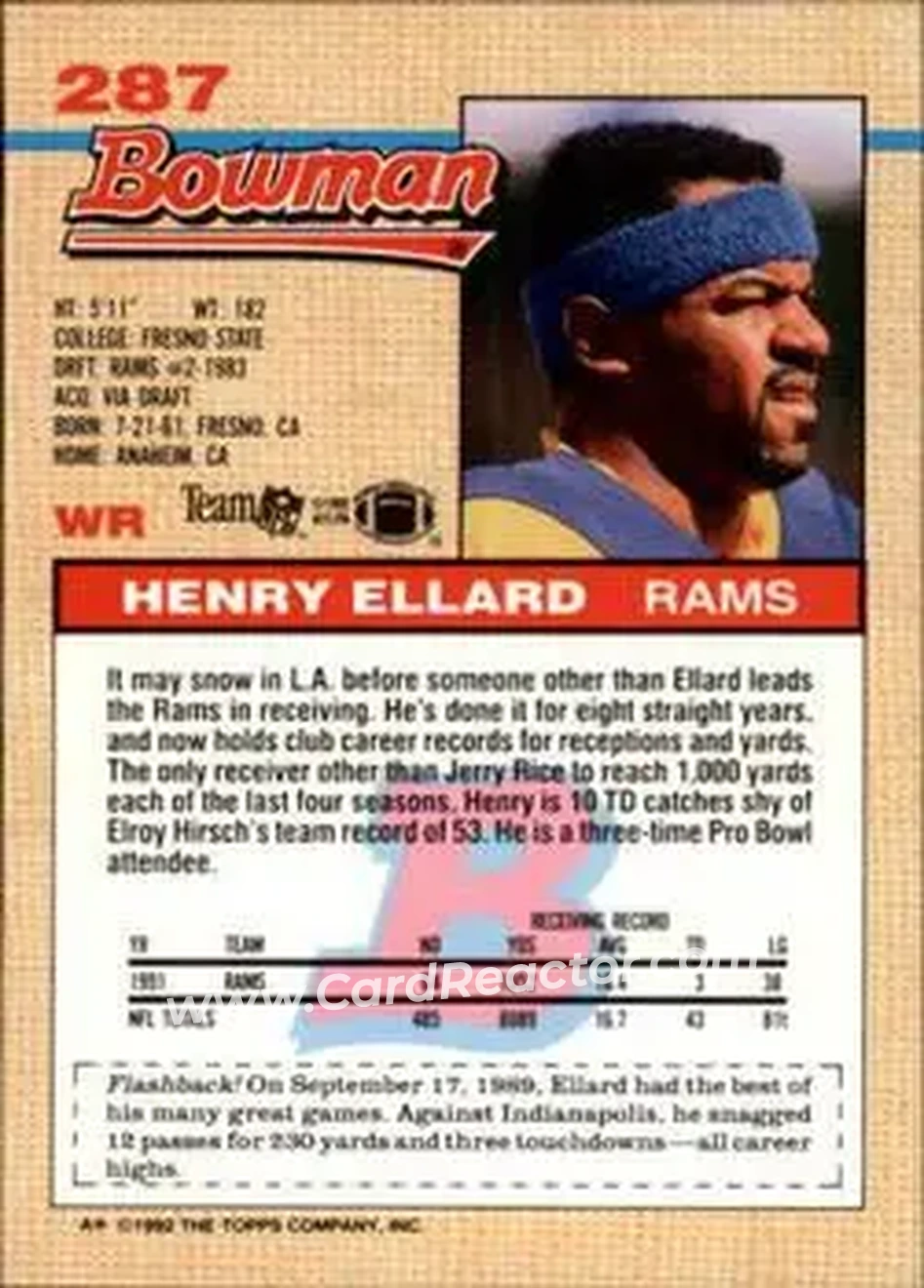 1992 Bowman #287 - Henry Ellard - Los Angeles Rams - Back