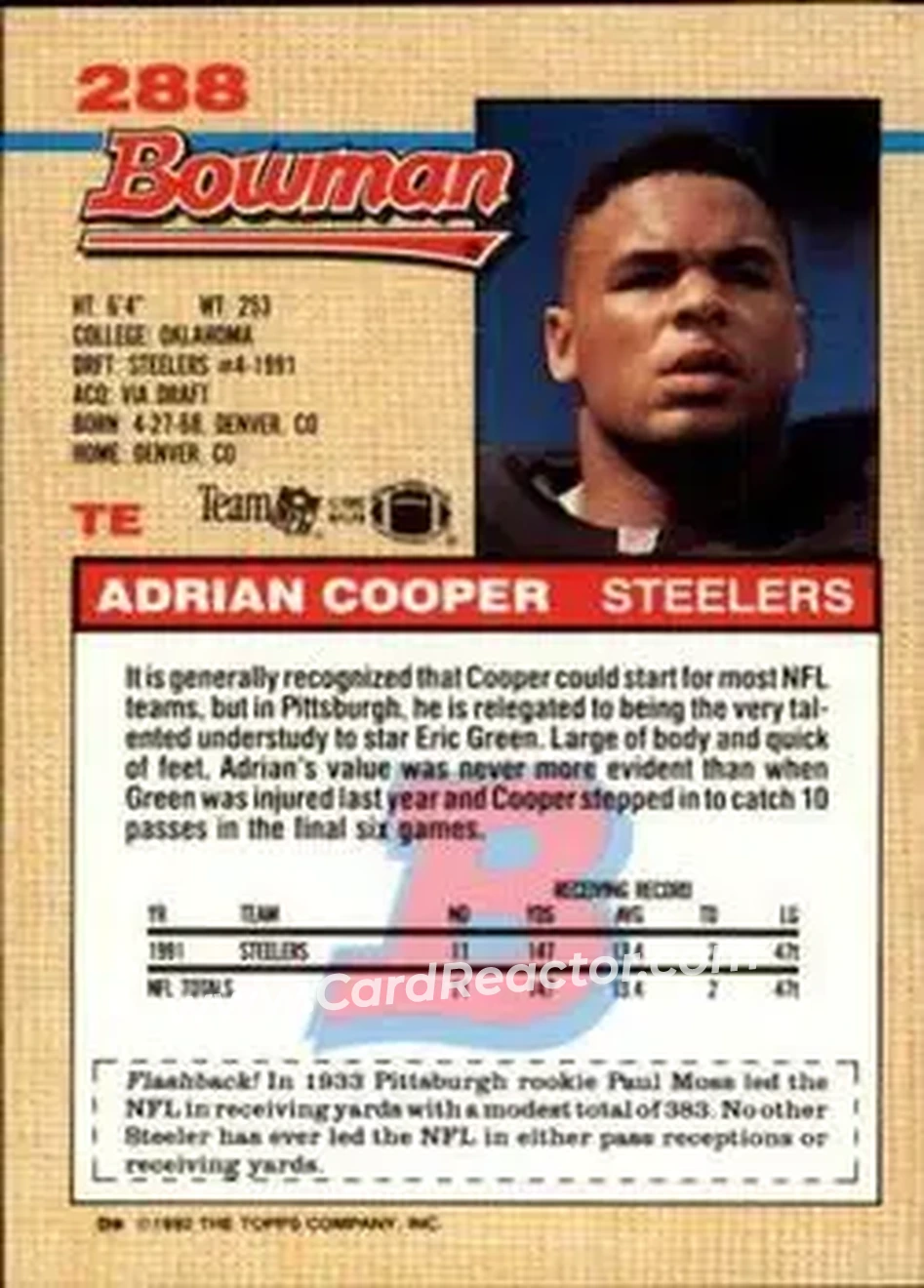 1992 Bowman #288 - Adrian Cooper - Pittsburgh Steelers - Back