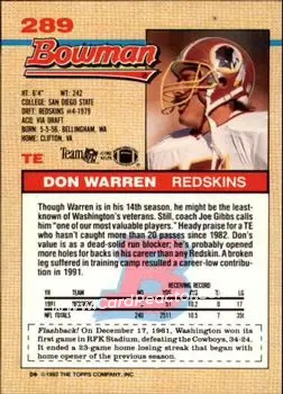 1992 Bowman #289 - Don Warren - Washington Redskins - Back