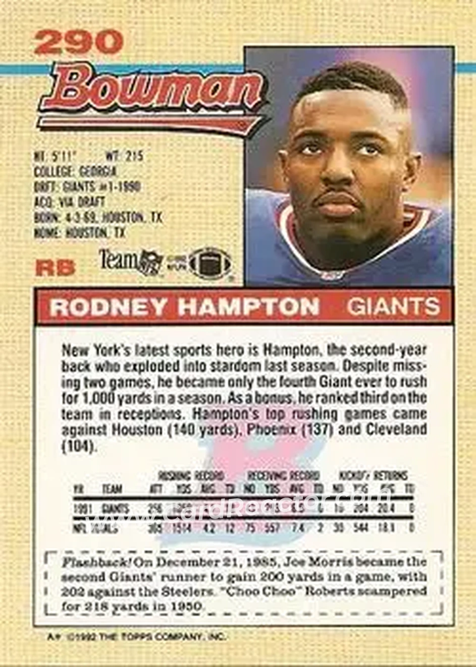 1992 Bowman #290 - Rodney Hampton - New York Giants - Back