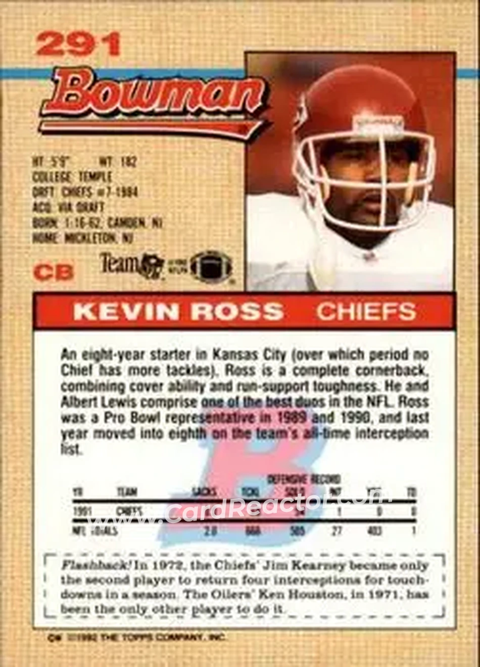 1992 Bowman #291 - Kevin Ross - Kansas City Chiefs - Back