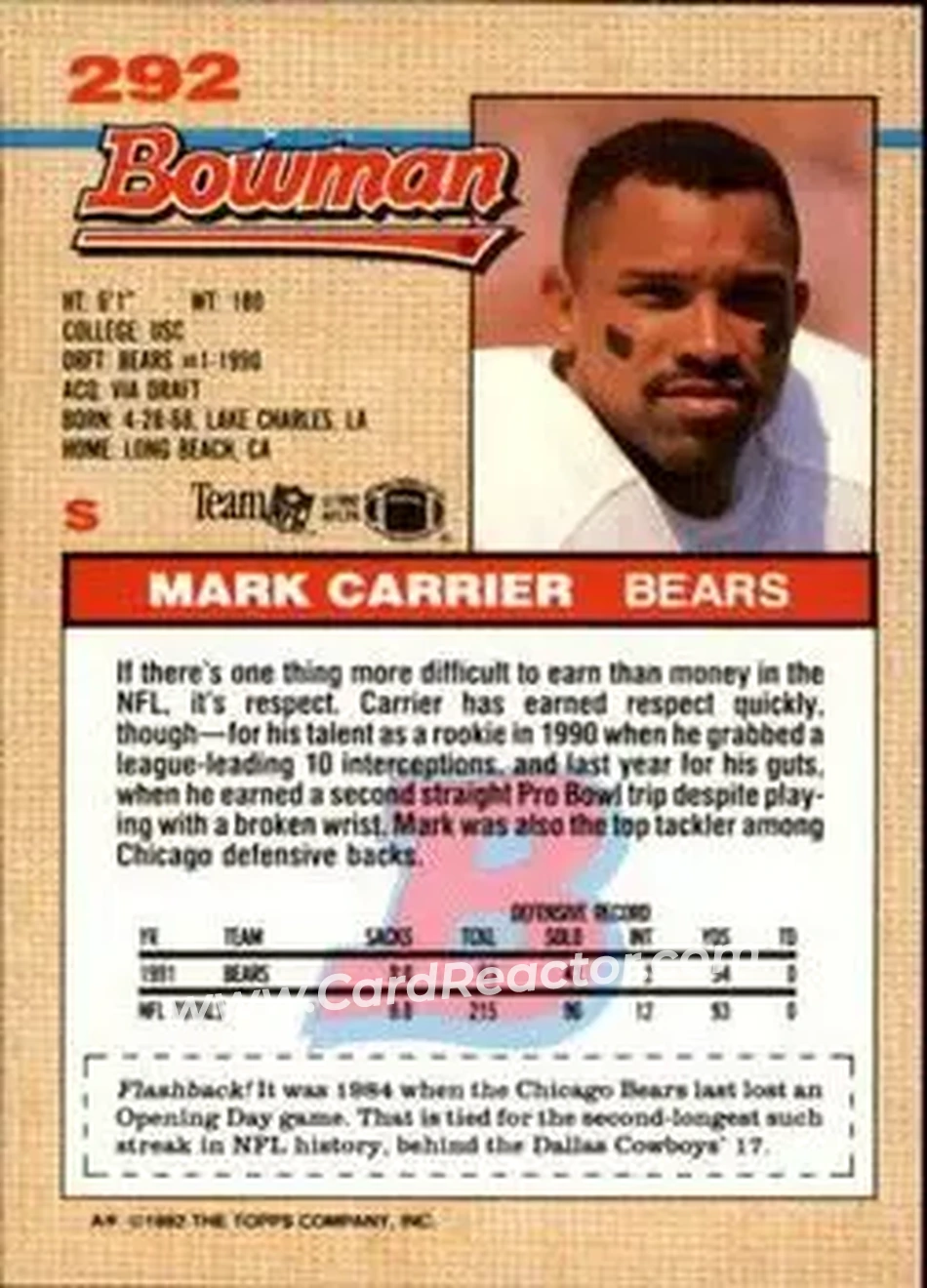 1992 Bowman #292 - Mark Carrier - Chicago Bears - Back