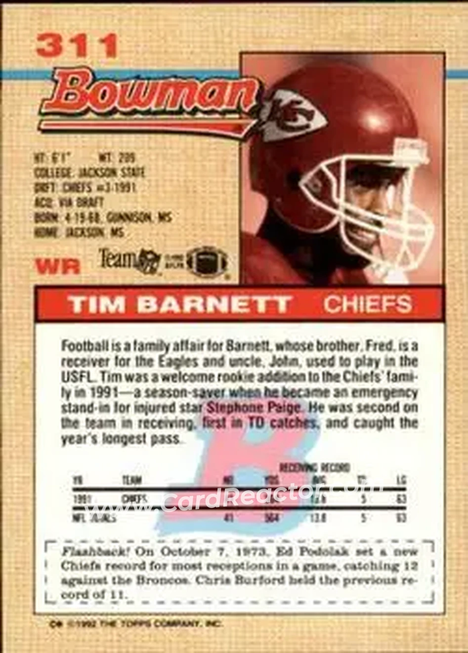 1992 Bowman #311 - Tim Barnett - Kansas City Chiefs - Back