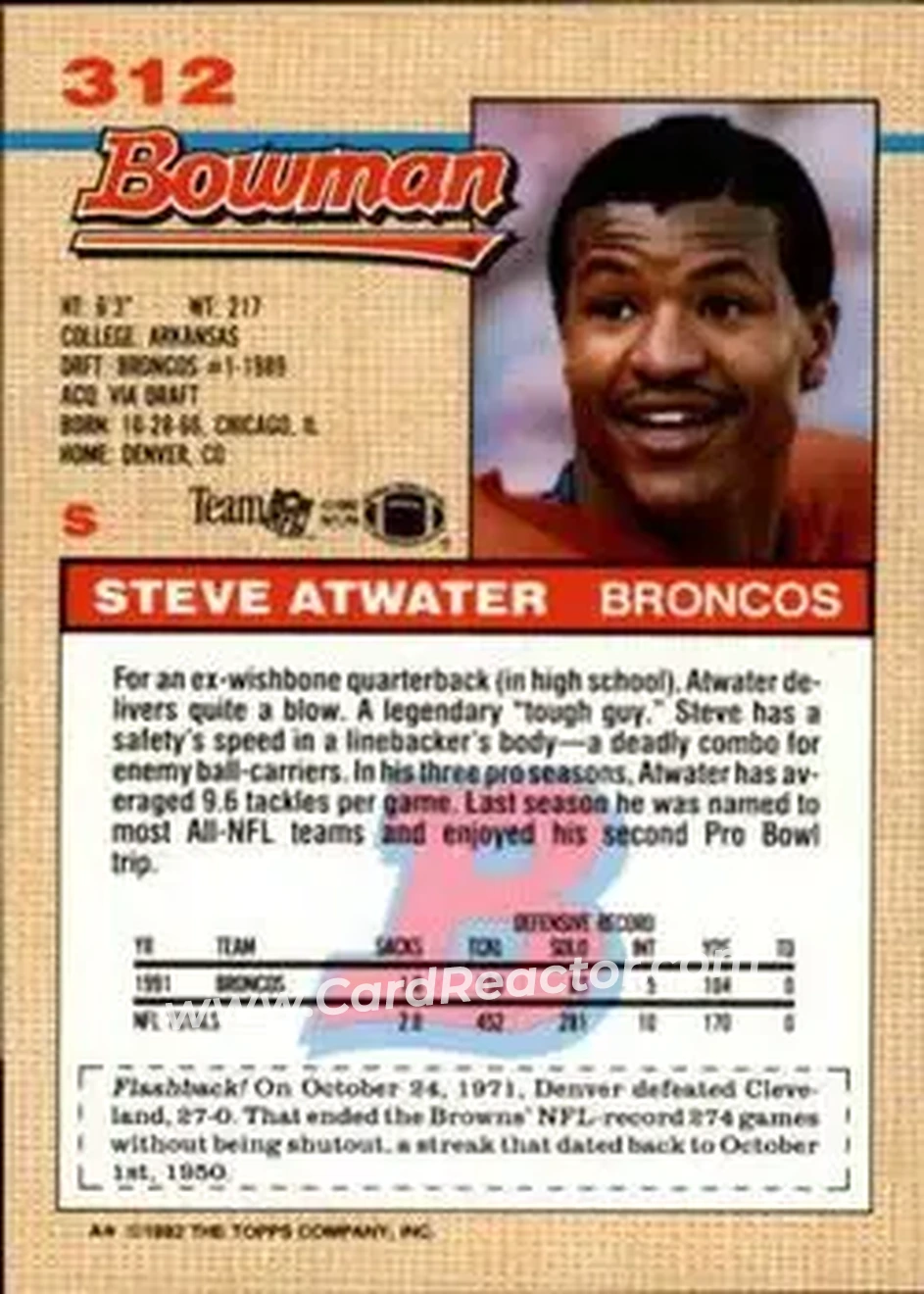 1992 Bowman #312 - Steve Atwater - Denver Broncos - Back 1992 Bowman #312 - Steve Atwater - Denver Broncos - Back