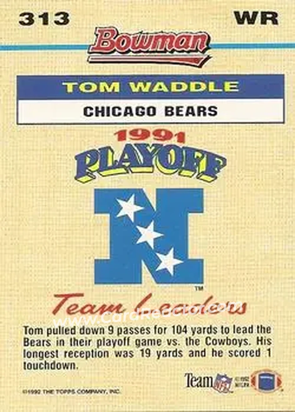 1992 Bowman #313 - Tom Waddle - Chicago Bears - Back