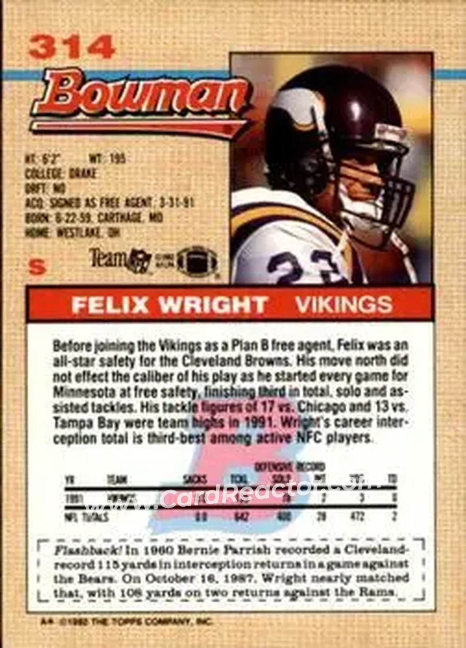 1992 Bowman #314 - Felix Wright - Minnesota Vikings - Back