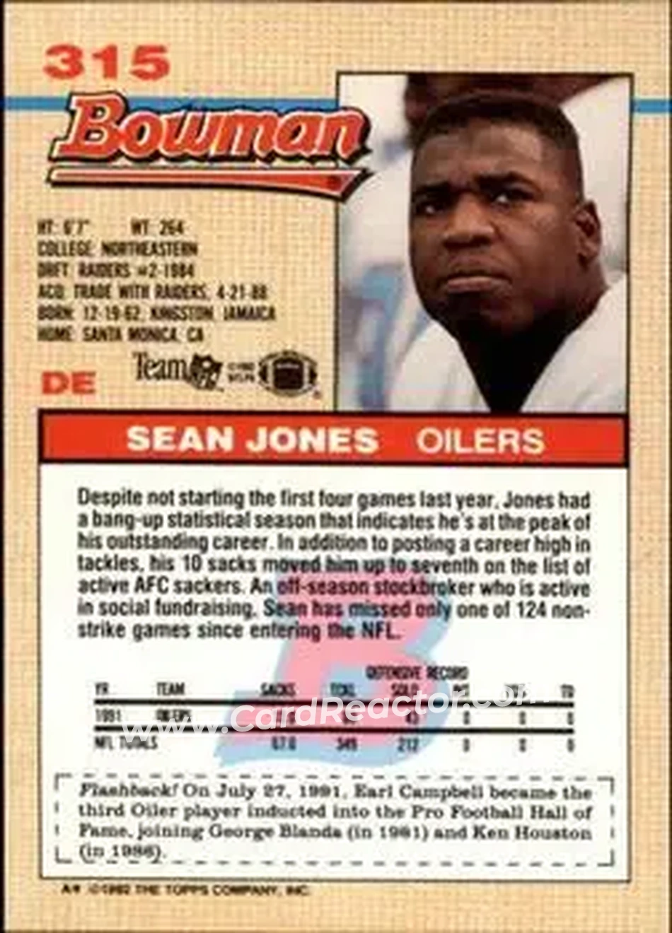1992 Bowman #315 - Sean Jones - Houston Oilers - Back