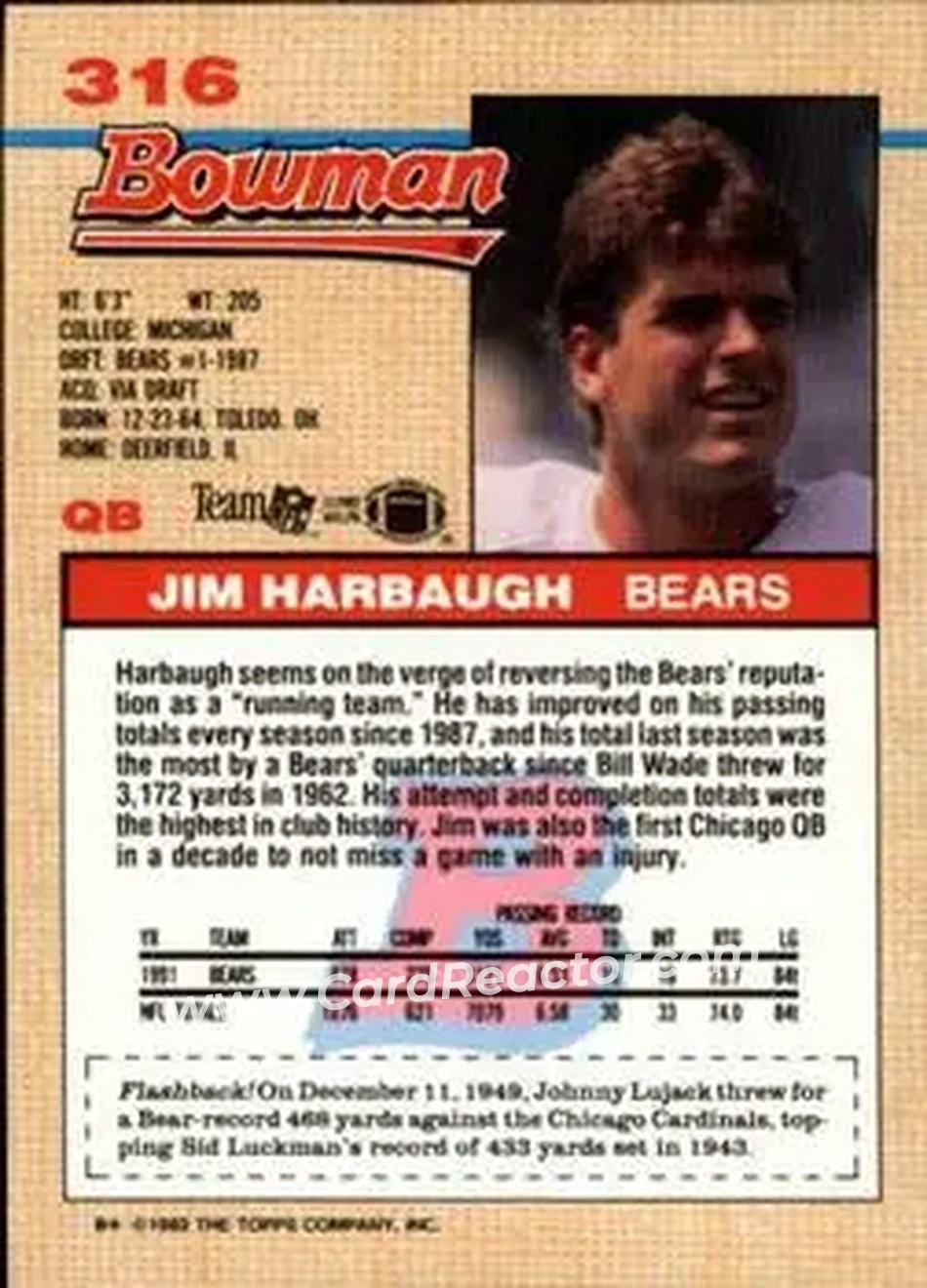 1992 Bowman #316 - Jim Harbaugh - Chicago Bears - Back
