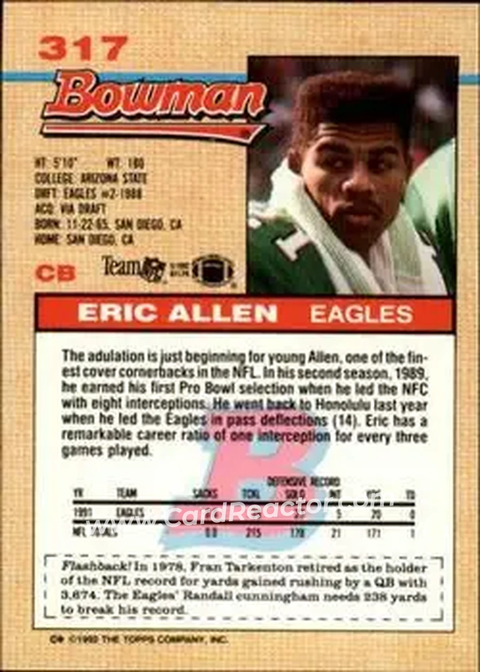 1992 Bowman #317 - Eric Allen - Philadelphia Eagles - Back 1992 Bowman #317 - Eric Allen - Philadelphia Eagles - Back