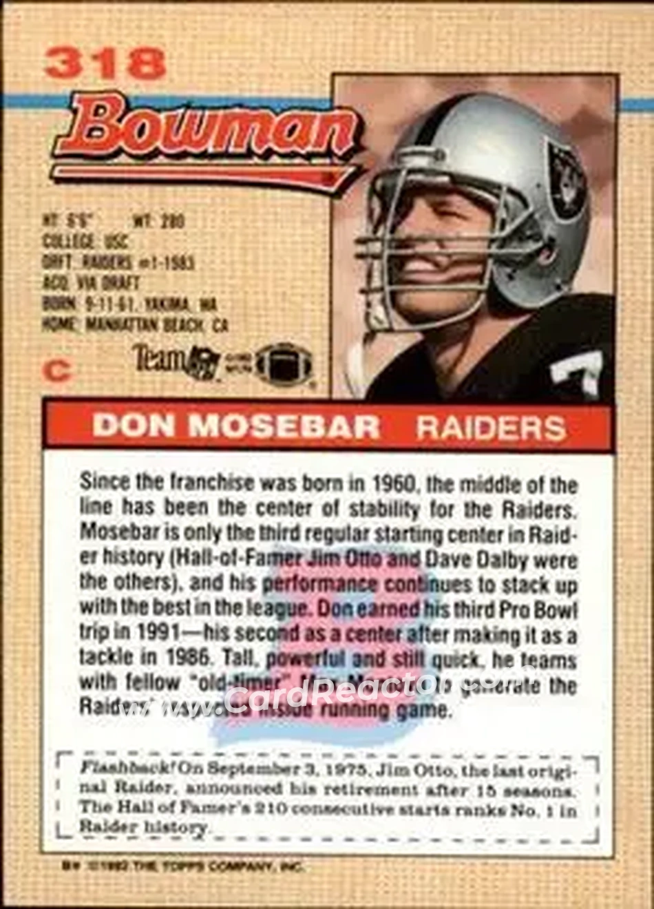 1992 Bowman #318 - Don Mosebar - Los Angeles Raiders - Back 1992 Bowman #318 - Don Mosebar - Los Angeles Raiders - Back