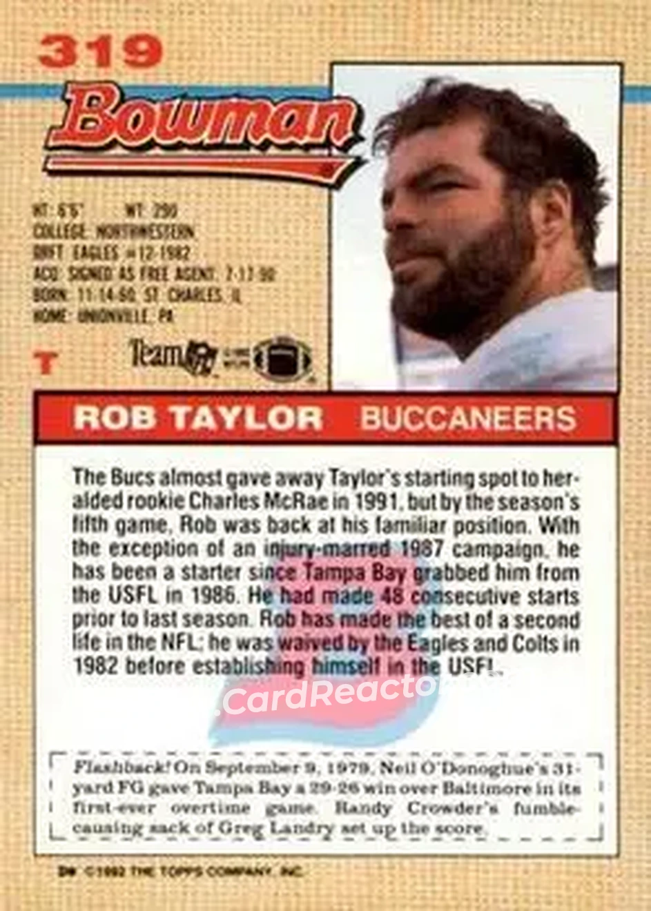 1992 Bowman #319 - Rob Taylor - Tampa Bay Buccaneers - Back 1992 Bowman #319 - Rob Taylor - Tampa Bay Buccaneers - Back