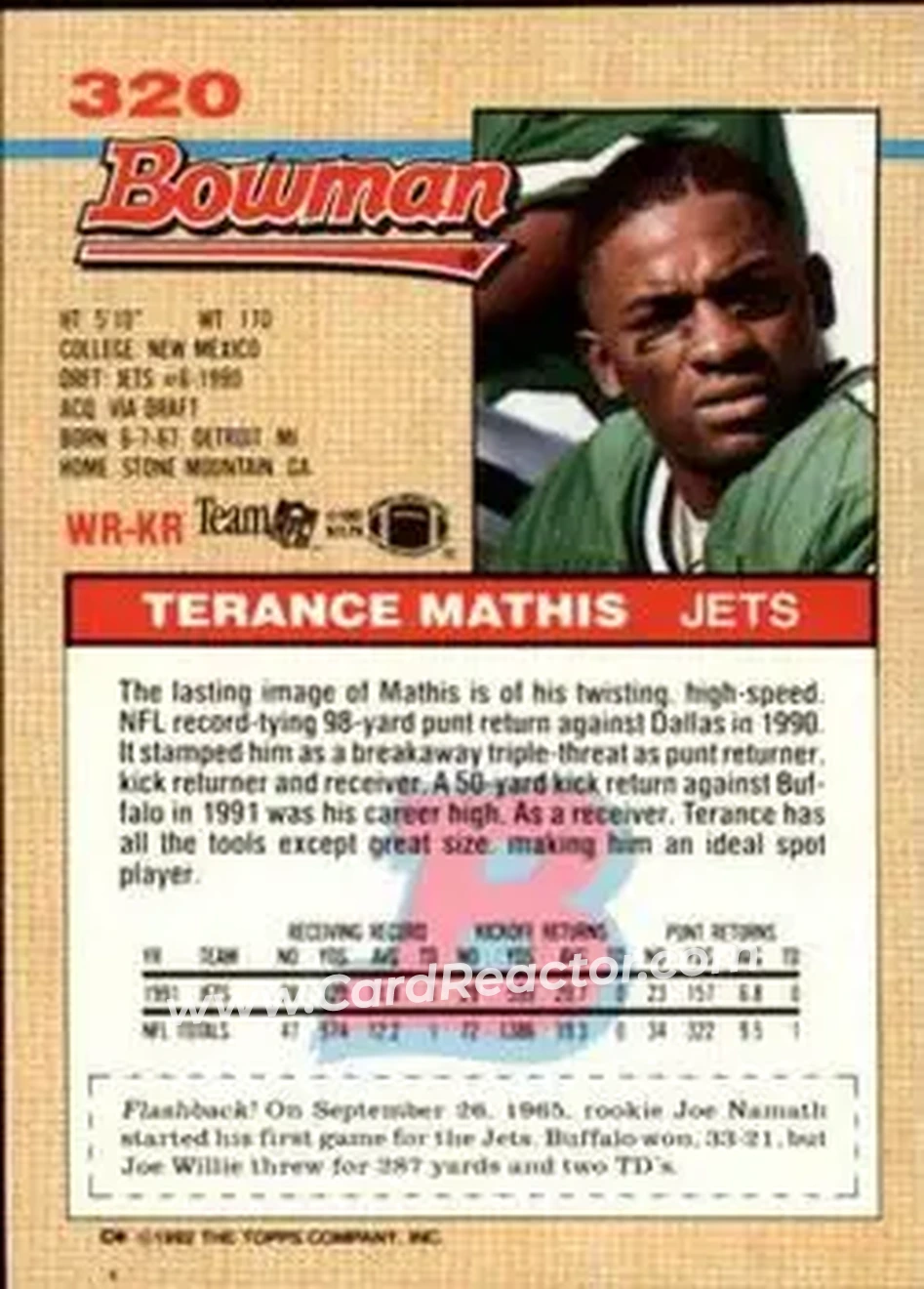 1992 Bowman #320 - Terance Mathis - New York Jets - Back