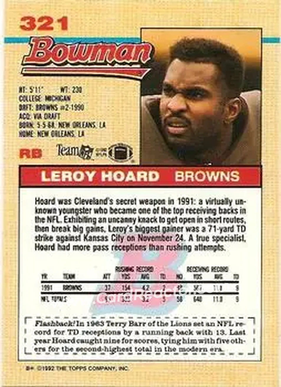 1992 Bowman #321 - Leroy Hoard - Cleveland Browns - Back 1992 Bowman #321 - Leroy Hoard - Cleveland Browns - Back