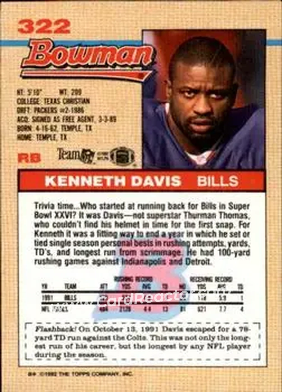 1992 Bowman #322 - Kenneth Davis - Buffalo Bills - Back