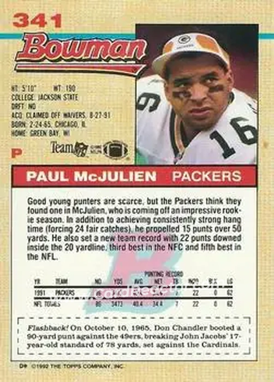 1992 Bowman #341 - Paul McJulien - Green Bay Packers - Back