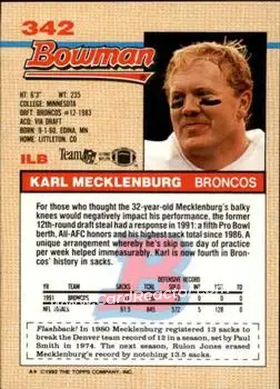 1992 Bowman #342 - Karl Mecklenburg - Denver Broncos - Back 1992 Bowman #342 - Karl Mecklenburg - Denver Broncos - Back