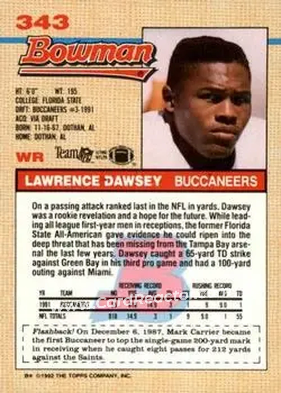 1992 Bowman #343 - Lawrence Dawsey - Tampa Bay Buccaneers - Back