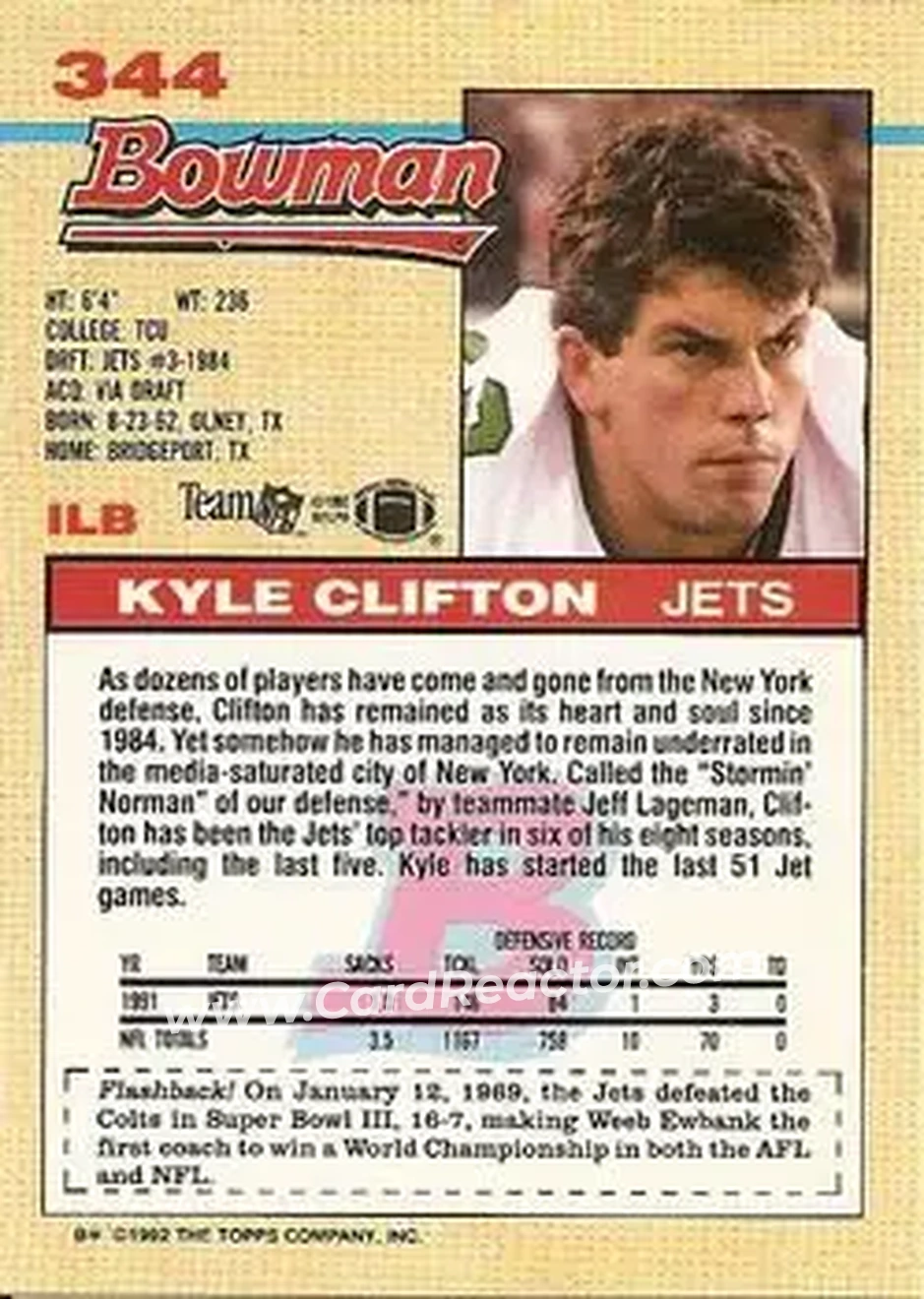 1992 Bowman #344 - Kyle Clifton - New York Jets - Back