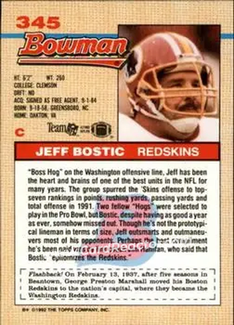 1992 Bowman #345 - Jeff Bostic - Washington Redskins - Back